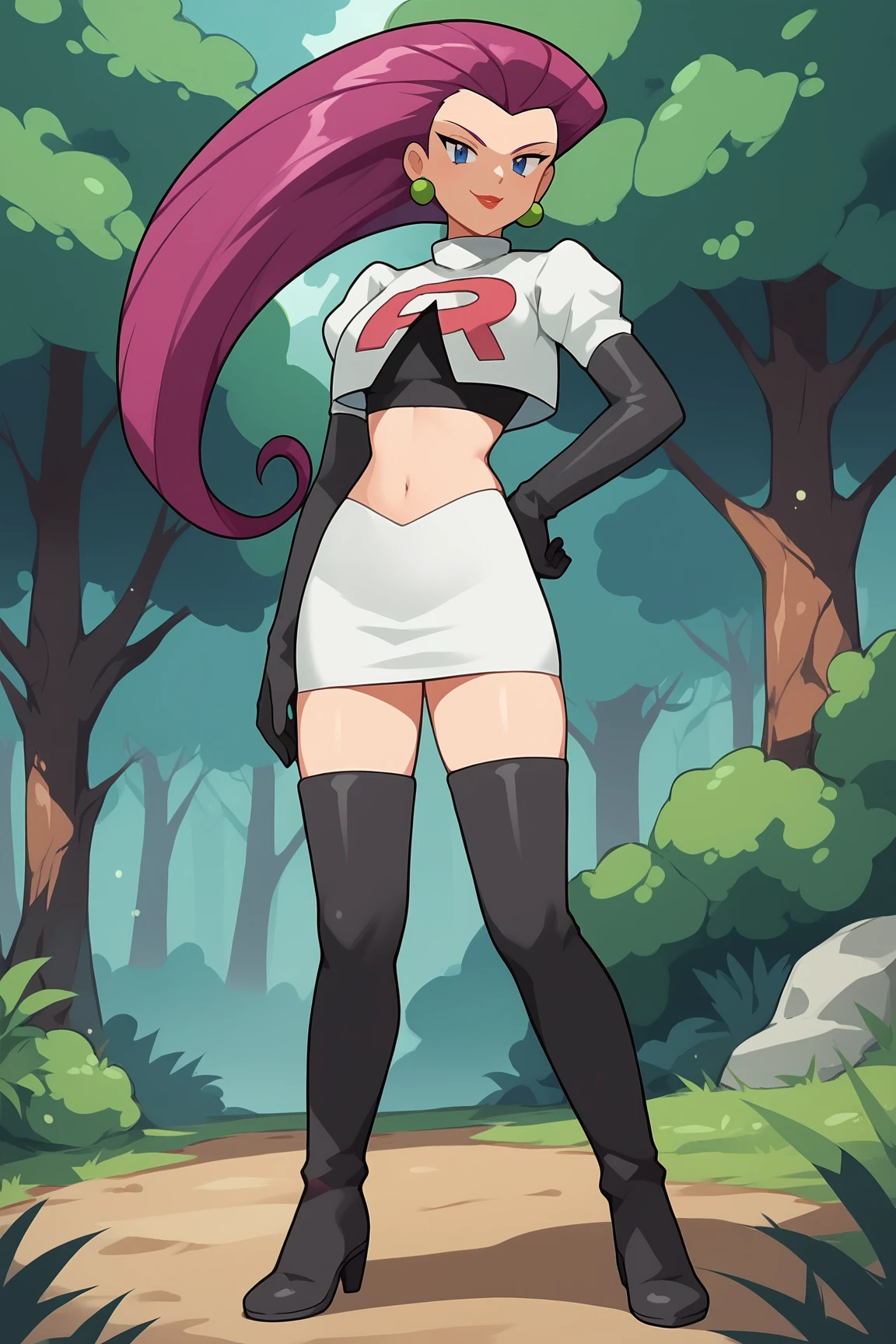 score_9, score_8_up, score_7_up, score_6_up, BREAK, JessiePXL, blue eyes, purple hair, long hair, hair slicked back, earrings, medium breasts, team rocket uniform, white crop top, elbow gloves, black gloves, white skirt, black thigh boots, solo, full body, standing, seductive smile, looking at viewer, forest <lora:JessiePXL:1>