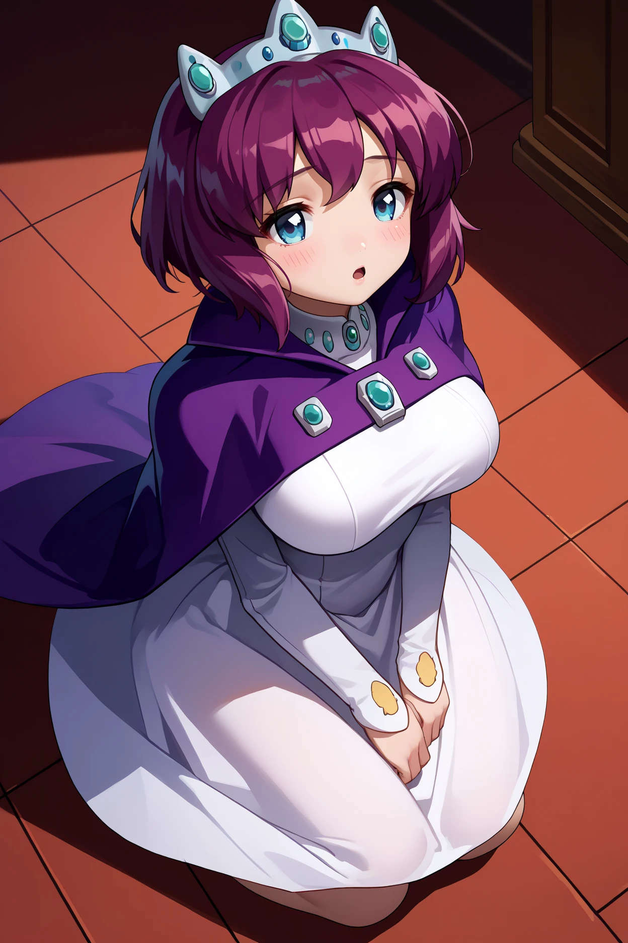 score_9, score_8_up, score_7_up, score_6_up, source_anime, 1girl, solo,  <lora:henrietta-pdxl-nvwls-v1-000005:1> hrta, purple hair, short hair, blue eyes, crown, purple cape, brooch, long sleeves, white dress, long dress, large breasts, kneeling, chestnut mouth, blush, looking at you, from above, on floor