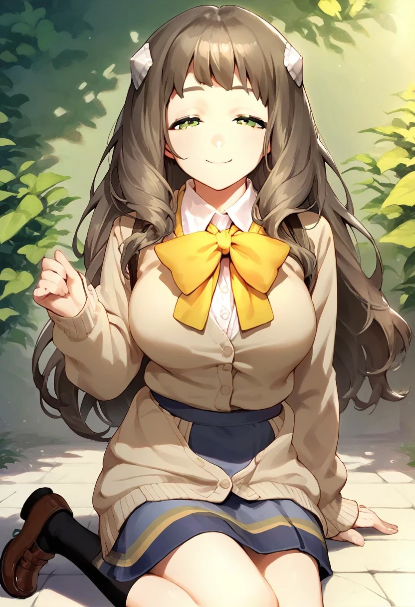 score_9,score_8_up,score_7_up, 
vice_class_rep_b, 1girl, solo, bangs, long hair, brown hair, hair ornament, breasts, large breasts, half-closed eyes, green eyes, viceBuniform, bow, cardigan, shirt, white shirt, socks, school uniform, shoes, yellow bow, yellow bowtie, blue skirt, long sleeves, collared shirt,
 smile,