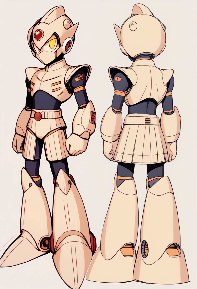 InafuneArt, score_9, score_8_up, score_7_up, score_6_up, score_5_up, score_4_up, score_9 , score_8_up, score_7_up, (mechanical face), source_anime, 1boy, solo, (multiple views:1.2), (sharp eyes), (covered mouth), (robot master), The character in the image is a vibrant and dynamic Reploid from the Mega Man X series. This Reploid has a humanoid design with a sleek, armored body. The head is distinctively topped with a large, yellow helmet that has a cannon-like attachment on the top, adding to its combat-ready appearance. The eyes glow with an intense blue light, giving the character a sharp, focused expression. The torso is solid and compact, featuring a mix of yellow and white armor with red accents that highlight the joints and connection points. The arms are robust and mechanical, with white gloves covering the hands, which are shaped into fists, ready for action, The character's legs are heavily armored, with large, yellow shin guards that add to its sturdy and resilient look. The feet are wide and equipped with strong, metallic soles, ensuring stability and strength in movement, vibrant color palette, futuristic character concept, KEIJI INAFUNE STYLE, <lora:KEIJI INAFUNE>, 1990s style, retro artstyle, anime coloring, traditional media, cel shading,