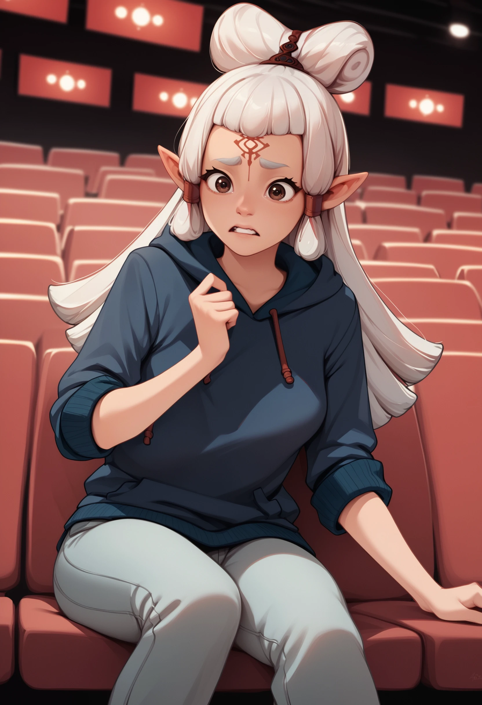 zPDXL3, score_9, score_8_up, score_7_up, score_6_up, score_5_up, score_4_up, 
1girl, solo, medium breasts, 
pointy ears, brown eyes, forehead mark,
horrified, cowering, 
hoodie, pants rolled up, 
movie theater,
<lora:BOTW - Paya v1:1> bowpaya,