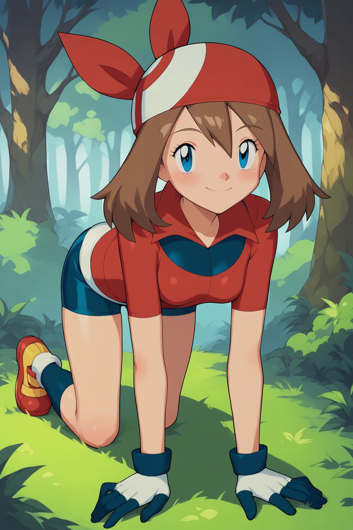 score_9, score_8_up, score_7_up, score_6_up, BREAK, MayPXL, blue eyes, brown hair, short hair, hair between eyes, red bandana, small breasts, red shirt, short sleeves, gloves, white skirt, blue shorts, blue socks, red shoes, solo, full body, all fours, seductive smile, looking at viewer, forest <lora:MayPXL:1>