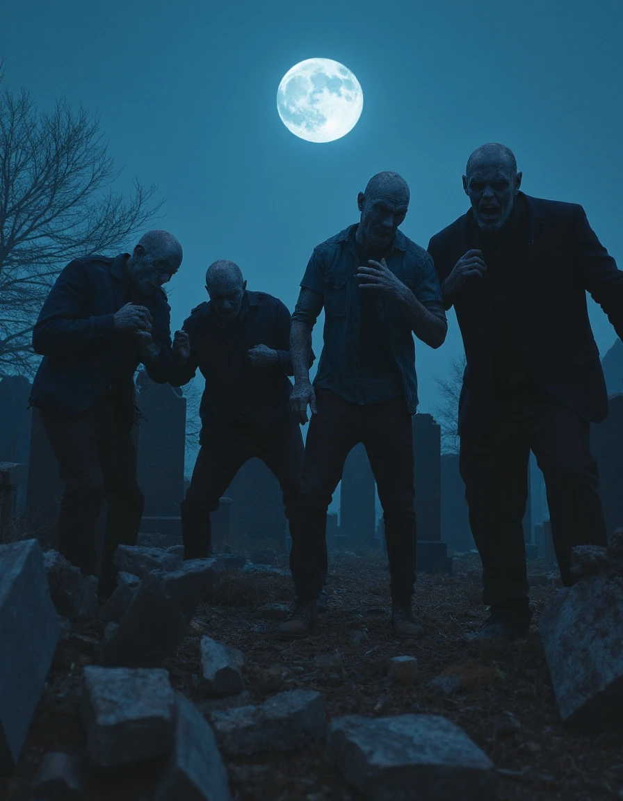 A dark, eerie scene set in a graveyard under a full moon. The main subject is a group of five humanoid figures, each with a distinct appearance and body language, appearing to be in a state of panic or distress. The color palette is dominated by deep blues and blacks, with the moon casting a soft glow on the scene. The figures are clothed in tattered, dark clothing, and their skin texture is rough and uneven. The graveyard is littered with tombstones and debris, and the background features barren trees, adding to the somber atmosphere. The overall style of the image is reminiscent of a horror or thriller genre, with a focus on creating a sense of dread and unease.