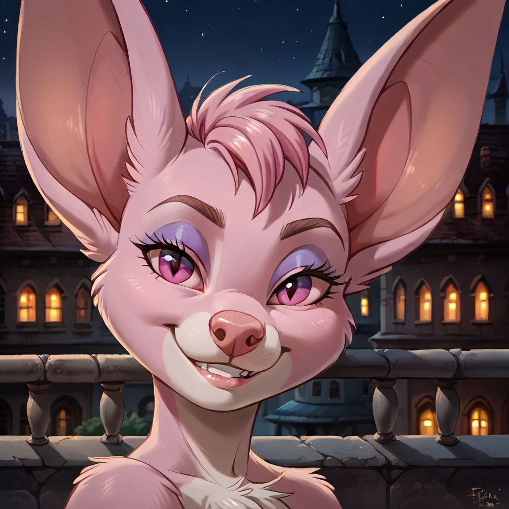 score_9, score_8_up, score_7_up, Expressiveh, masterpiece, best quality, highly detailed, realistic, (zPDXL3), 1girl, solo PBA, furry, anthro, female bat, bat nose, bat ears, patagium, chest tuft, pink body, pink sclera, purple eyes, purple eyeshadow, pink hair, short hair, (face only, close-up, smile, teeth, looking at viewer, closed mouth) rooftop, night, city, detailed background, romantic ambiance