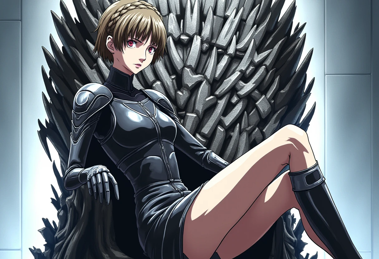 <lora:persona5_niijima_makoto_flux_v1_2-000005:1>, niijima_makoto
 She is wearing a black armor t with shoulder spikes. She is sitting on the iron throne of Game of Thrones, one leg over another. She is looking at the camera with an expressionless, haughty look. 
Anime style, sharp, high contrast and highly detailed. Ghibli anime style. Perfect anatomy. Perfect body ratio. No oversized head. No blurry, out of focus pictures. No simple background, no single color background.