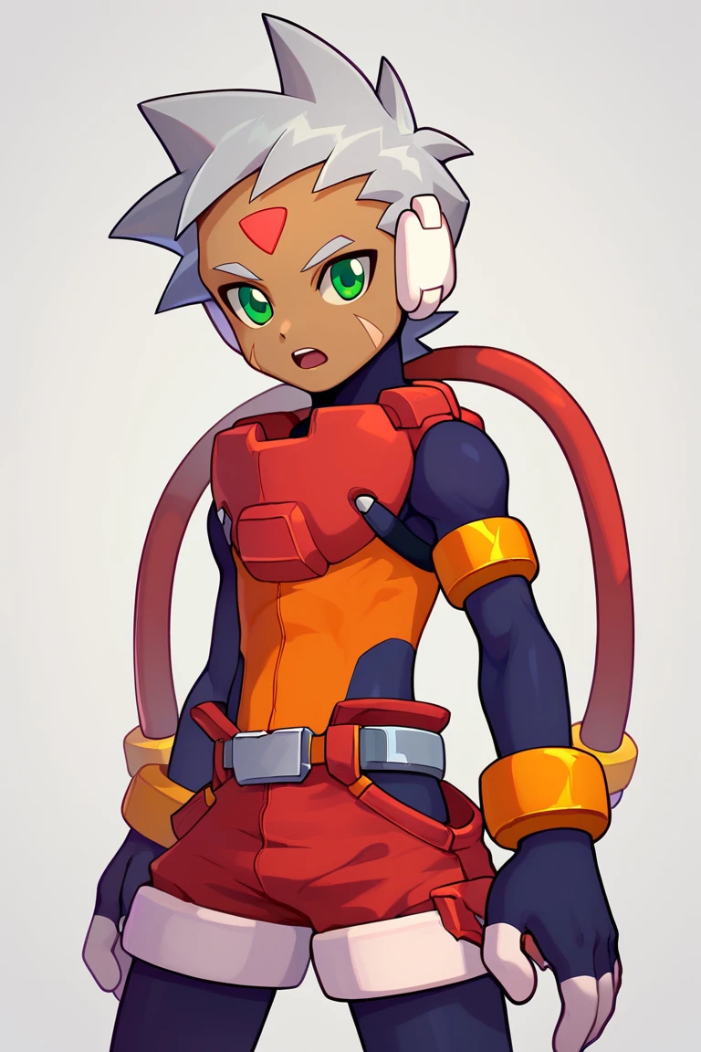 zPDXL2,grey \(mega man\),solo,green eyes,grey hair,shorts,red shorts,bodysuit,dark skin,looking at viewer BREAK 1boy,gloves,cable,forehead jewel,fingerless gloves,male focus,robot ears,facial mark,belt,open mouth,bracelet,white background,arm belt,shirt,orange shirt,<lora:vent_Grey:1>,