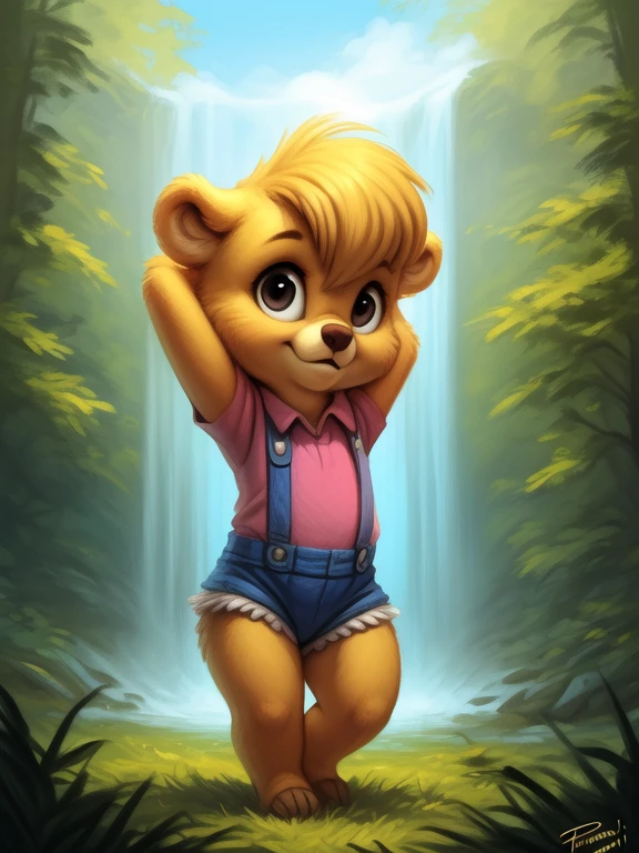 <lora:MollyCunninghambearDom:1> MollyCunninghambearDom, yellow wool, blue ribbons, white panties, shirt, shorts with suspenders, chibi,  small body,
Looks at the viewer, [ solo focus, nature, forest, day, clouds, waterfall,]  ((dancing ))
(beautiful, aesthetic, perfect, delicate, intricate, saturated colors), masterpiece, digital drawing, best quality,
by taran fiddler, by cynicalstarr, by personalami,