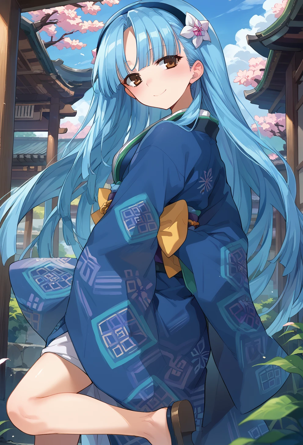 score_9, score_8_up, score_7_up, source anime, yukihime, 1girl, solo, long hair, blue hair, hairband, japanese clothes, kimono, brown eyes, smile, hair flower, blush, looking back, arm behind back,  standing on one leg, <lora:yukihime-xl-pony-v1:1>,