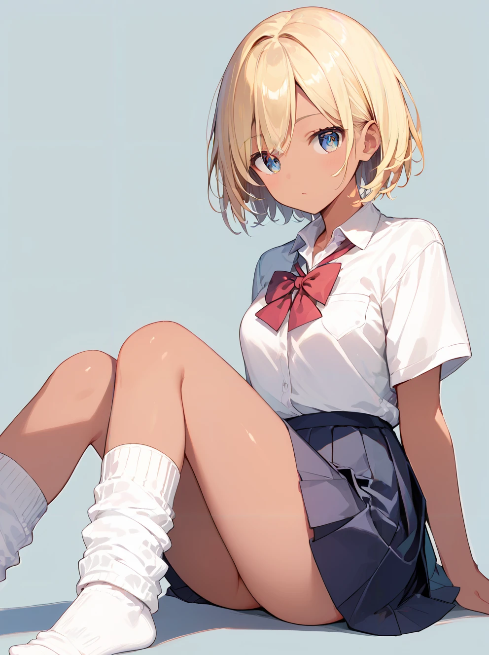 score_9, score_8_up, score_7_up,source_anime, high res image,masterpiece,best quality,(girl:1.0),cute face,clear skin,shiny hair,ultra detailed eyes,simple background  <lora:loose socks_pony_V2.0:0.8> loose socks, school uniform, shirt, skirt,  blonde hair,dark skin