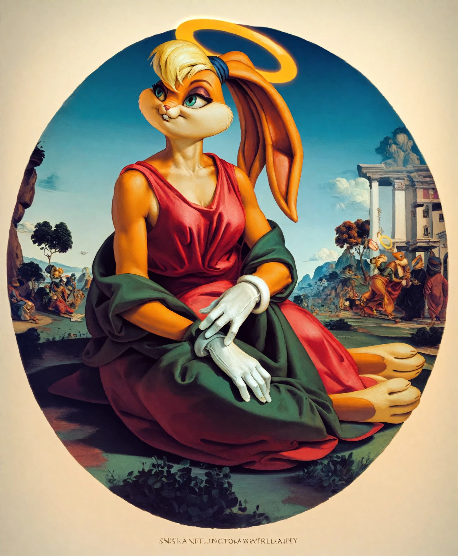 <lora:luca-signorelli_pony_v1:1>  ' solo Lola Bunny ' by signorelliluca in 1482,religious painting \(genre\),early renaissance \(style\), halo, christianity,  saints-and-apostles, furry female, score_9, score_6_up, score_7_up