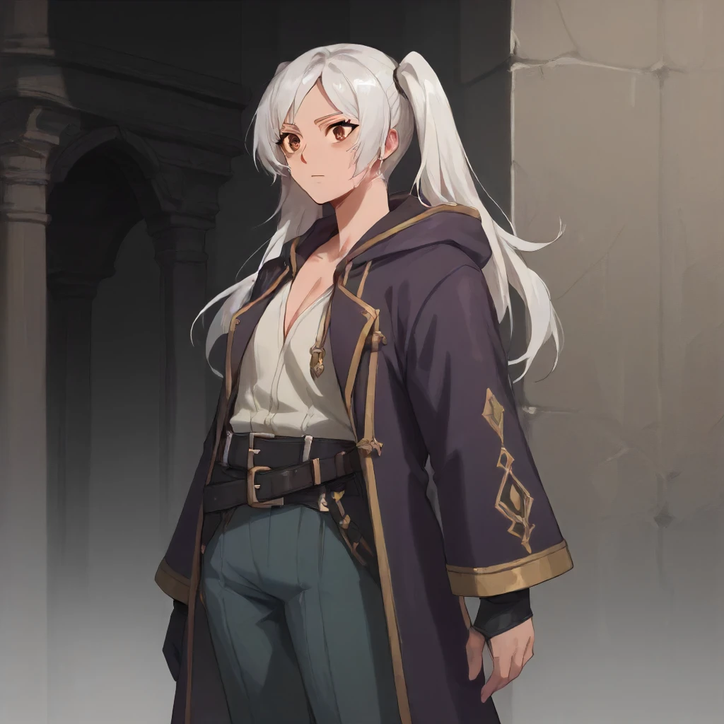 <lora:Art Style Limbus Story Art (Vellmori):1> l1mbu5v3ll,   solo,     <lora:fireemblem_femrobin_ponyXL:0.7> femrobindef, white hair, twintails, brown eyes, hooded robe, open robe, long sleeves, belt, black gloves, pants, score_9, score_8_up, score_7_up, score_6_up, score_5_up, score_4_up, masterpiece, detailxl. BREAK