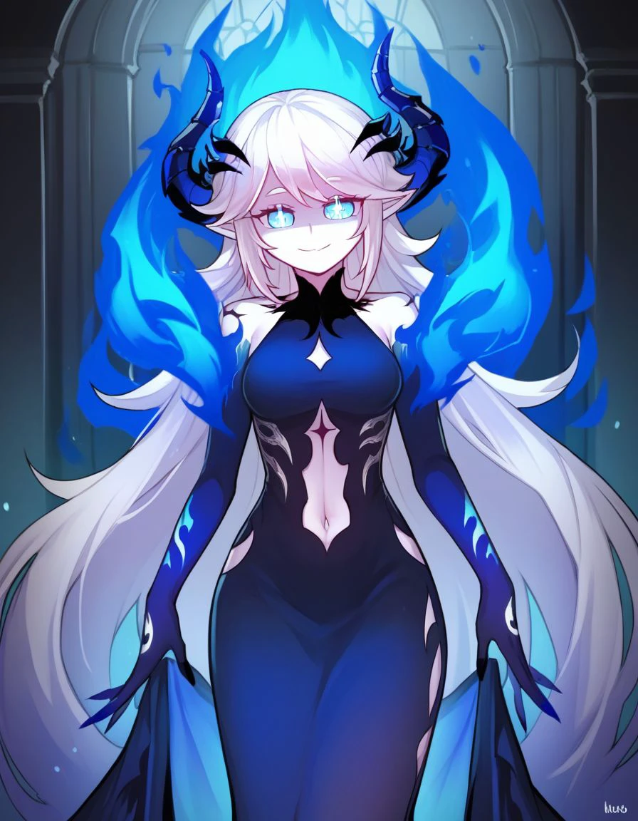 score_9,score_8_up,score_7_up, BREAK  ,by (nrf:1.1),  1girl, solo,   <lora:Luciela-Elsword_Character:1>luciela r. sourcream, alternate form, mature female, sidelocks, absurdly long hair,  white hair , symbol-shaped pupils, gradient skin,  navel_cutout , flame trim, tattoo, black fire , dress, 
   fantasy, cute smile,  in a  demonic castle ,  standing,