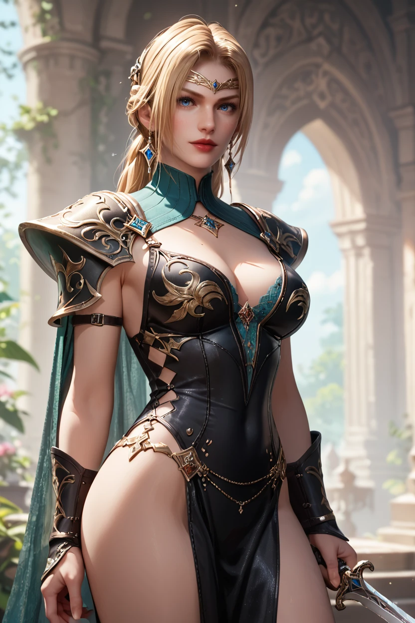 <lora:doa_rachel:0.9> rachel, holding dagger, fantasy outfit, high fantasy, villain, sexy, sorceress, official art, masterpiece, blonde hair, intricate, detailed, score_9, score_8_up, score_7_up, zPDXL3