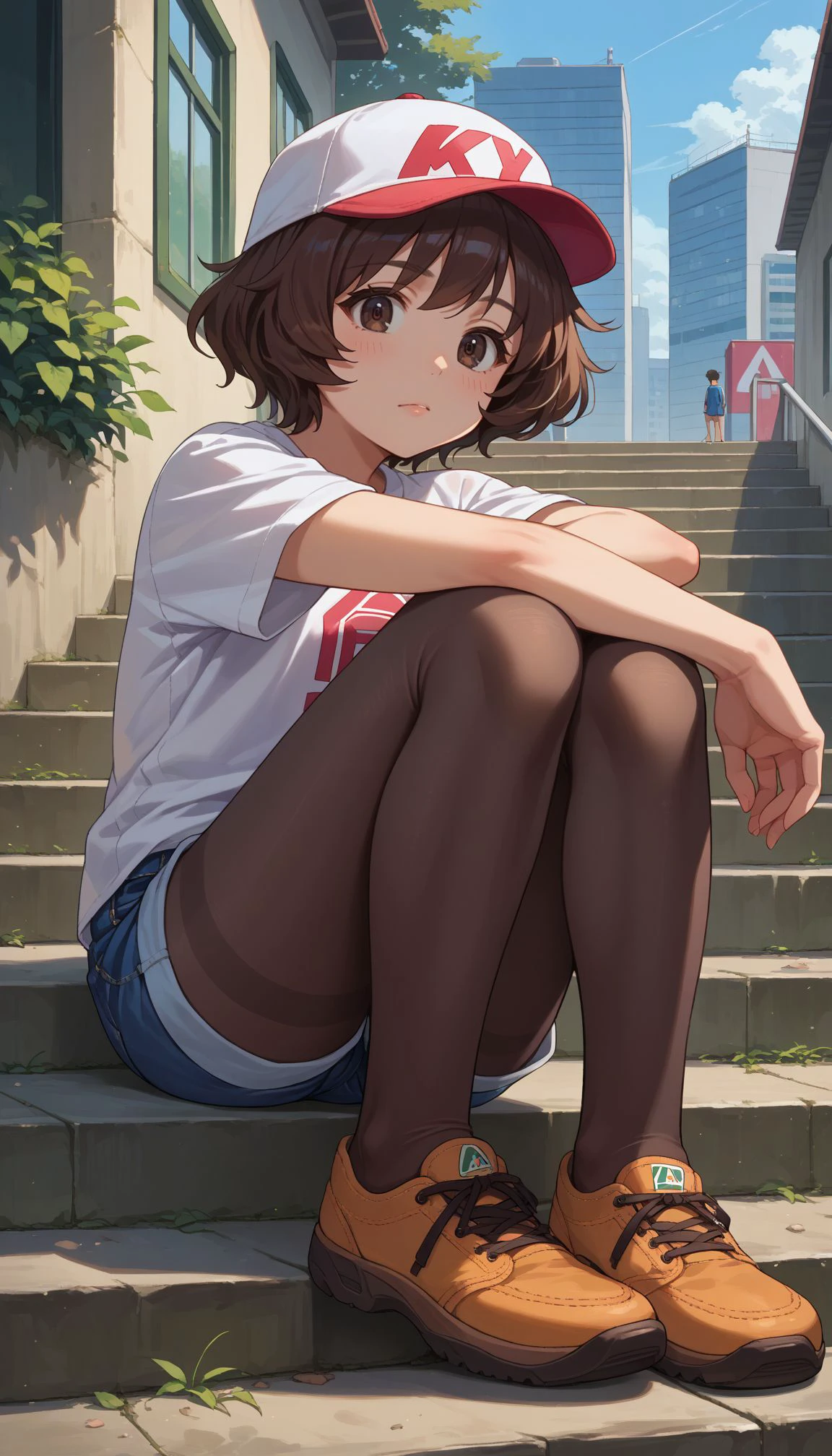 score_9, score_8_up, score_7_up, source_anime,
 <lora:Akiyama:0.9> 1girl, akiyama yukari, brown hair, brown eyes, short hair, baseball cap, graphic tee, denim shorts, pantyhose under shorts, sitting, stairs, outdoors, city,