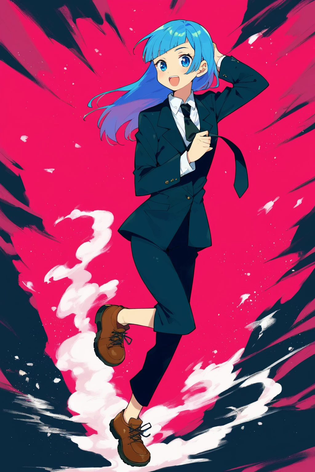 score_9, score_8_up, score_7_up, score_6_up, score_5_up, score_4_up, masterpiece, high quality, BREAK, full body, 1girl,  BREAK,   <lora:Miwa_JJk:0.8> Miwa_JJK, blue hair, necktie, katana, black suit, navy blue eyes, brown shoes, pale skin, asymmetrical bangs, long hair, black necktie,