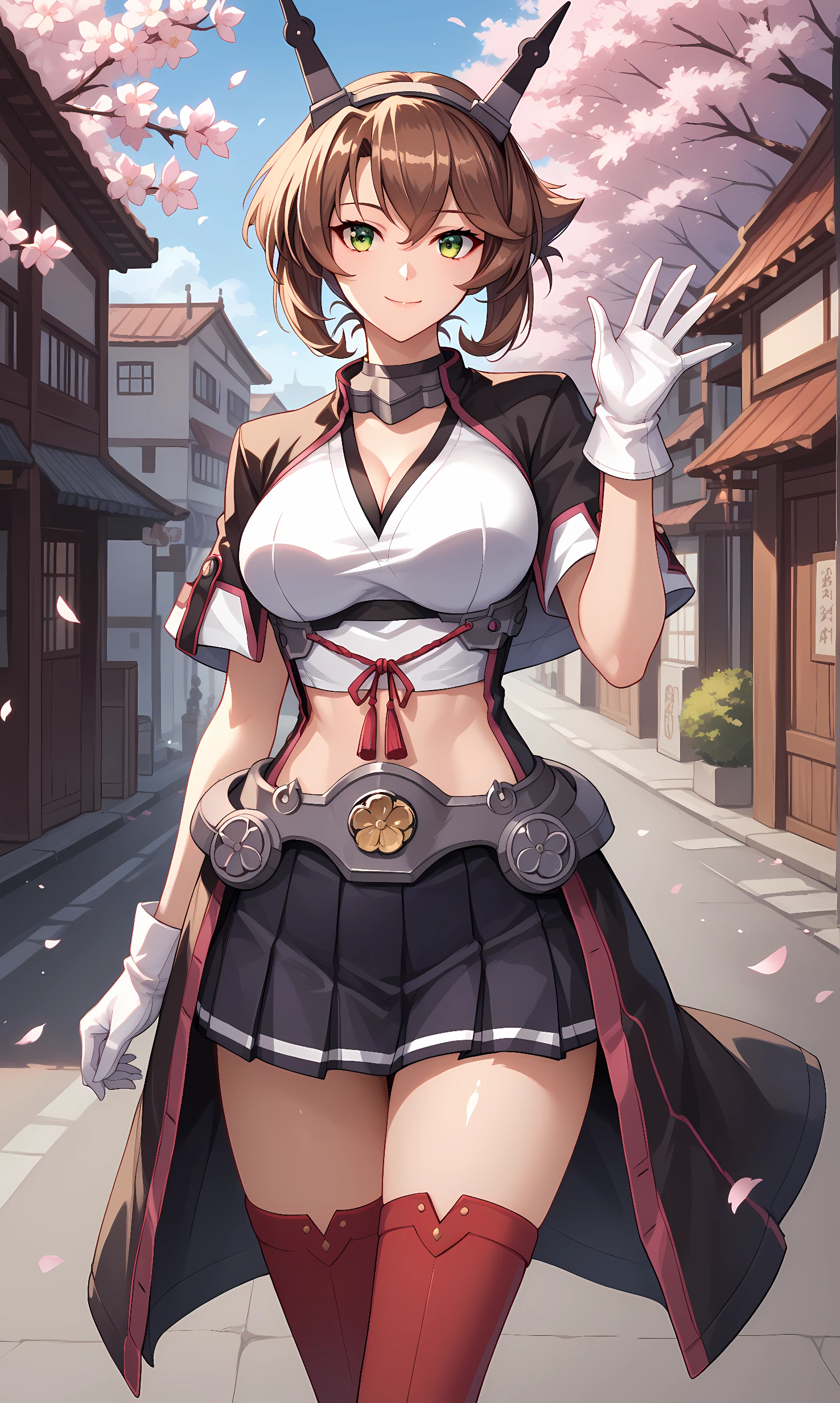 score_9, score_8_up, score_7_up, BREAK source_anime, 1girl, solo, outdoors, street, cherry blossoms, cowboy shot, standing, looking at viewer, shiny skin, mutsu, green eyes, brown hair, short hair, hair ornament, headgear, shrug (clothing), coat, cleavage, short sleeves, tassel, choker, white gloves, miniskirt, pleated skirt, chain, red thighhihgs, crop top, red footwear, closed mouth, smile, waving