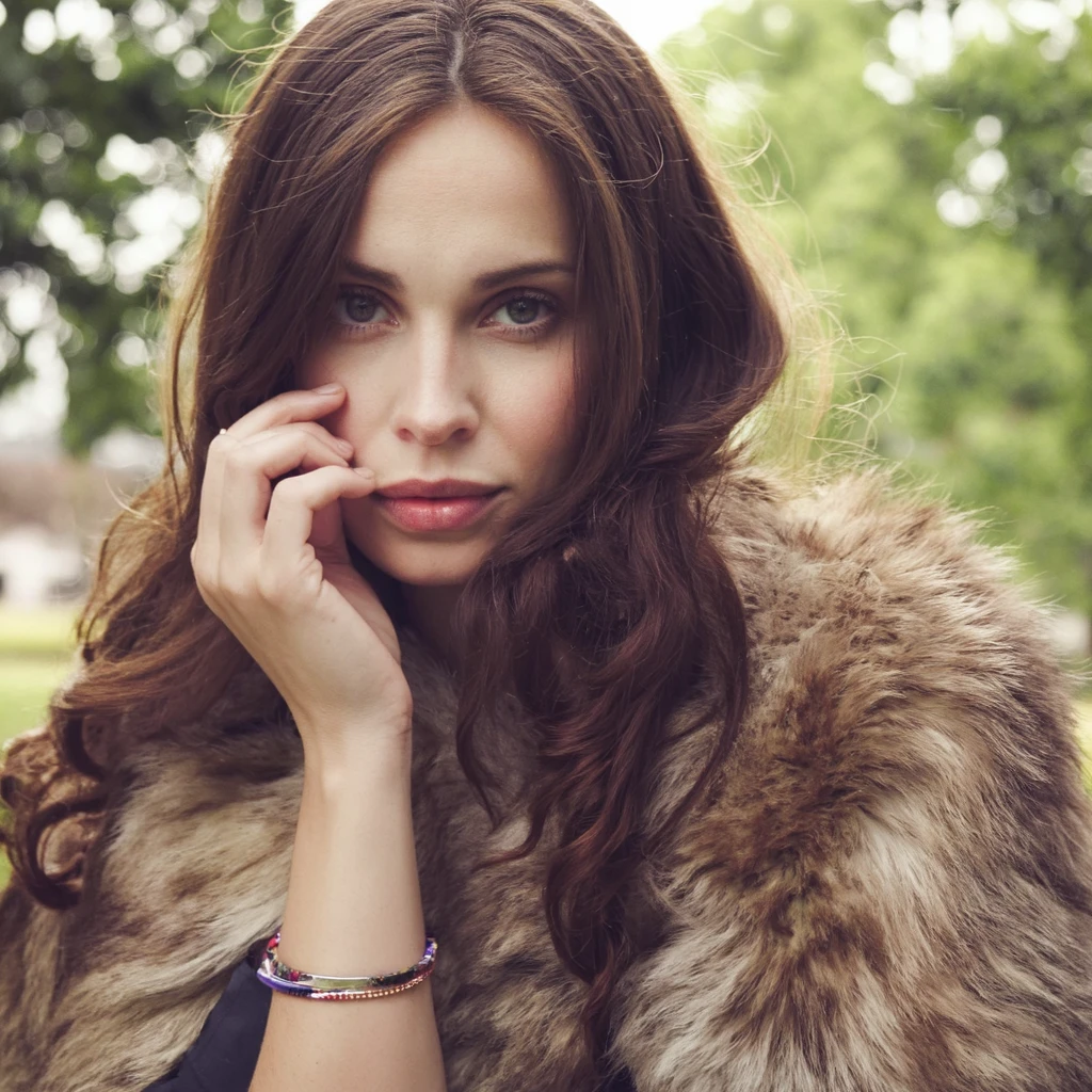 A portrait of heida_reed outdoors, captured in a candid moment. She has long, wavy brown hair and striking green eyes. She wears a fur stole draped over her shoulders, and her fingers are delicately placed near her lips. A multicolored bracelet adorns her wrist. The blurred background suggests a natural setting, likely a park or garden, with trees and foliage. The image is naturalistic, emphasizing the subject's natural beauty and the texture of her fur.