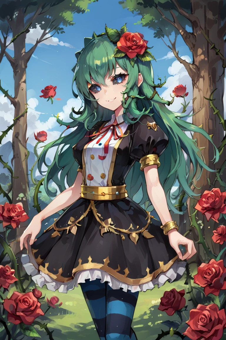 score_9, score_8_up, score_7_up, source anime, BREAK, <lora:Tora:0.80> , tordef, 1girl, solo, long hair, green hair, black sclera, blue eyes, flower, hair flower, hair ornament, center frills, black dress, frilled dress, gold trim, neck ribbon, red ribbon, juliet sleeves, yellow armlet, spiked armlet, yellow belt, striped thighhighs, horizontal-striped thighhighs, plant, rose, thorns, vines, (cowboy shot), looking at viewer, scenery, exterior, outdoors,  <lora:backgroundsetXL:0.2> , background, (solo), smile,  <lora:LAMXLP6lokrV4236:0.6>