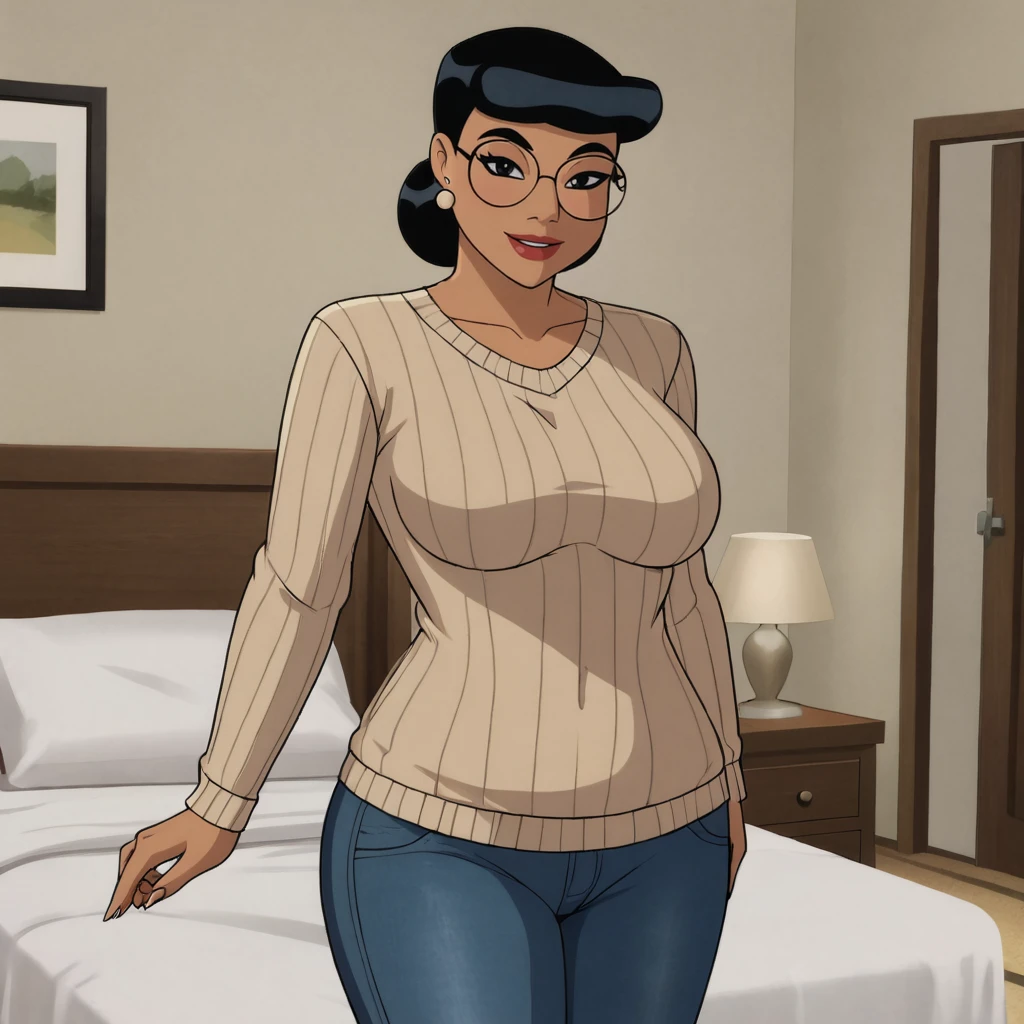 <lora:harleyquinncaped_pony_v1:.8> HarleenCaped, 1girl, glasses, earrings, jewelry, single hair bun ,large breasts,  black hair, round eyewear, bedroom, cowboy shot,  looking at viewer, sweater, jeans