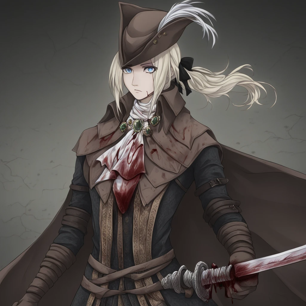 lady maria, hunter (bloodborne), pale skin, long hair, platinum blonde hair, wavy hair, locks around the face, sharp eyes, ice blue eyes, androgynous appearance, athletic and slender build, 1girl, weapon, sword, hat, solo, gloves, tricorne, blood, blue eyes, ponytail, ascot, hat feather, cape, long hair, looking at viewer, holding, white hair, blonde hair, holding weapon, gem, blood on clothes, holding sword, dark hat, hat with feather, tricorn hat, white feather, dark coat, coat with embroidery, high-collared coat, high-collared cape, dark cape, white shirt, white ruffled tie, stone pendant, green gemstone, ornate belt, long leather gloves, brown gloves, brown leather boots, high lace-up boots, victorian attire