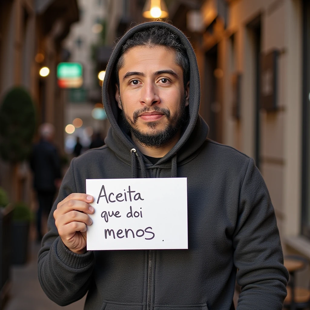 A z3usgh0stz man holding note that say "Aceita que doi menos"