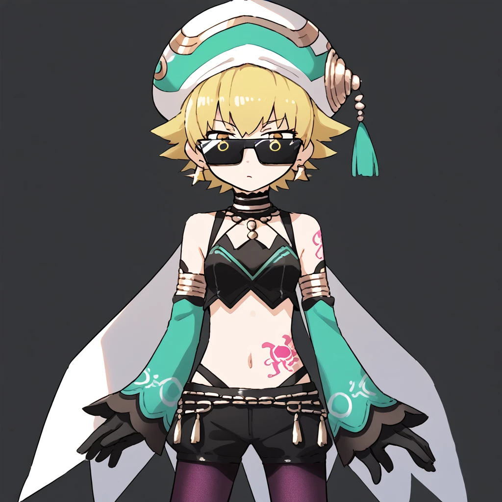 <lora:Clothing_Hypnoshades_SPLATOON_2:0.6> gloves, sunglasses, jewelry, pantyhose, earrings, crop top, object on head, tattoo   <lora:Character_Atoli_.hackG.U.:1>  atoligu, 1girl, solo, blonde hair, hat, short hair, detached sleeves, yellow eyes