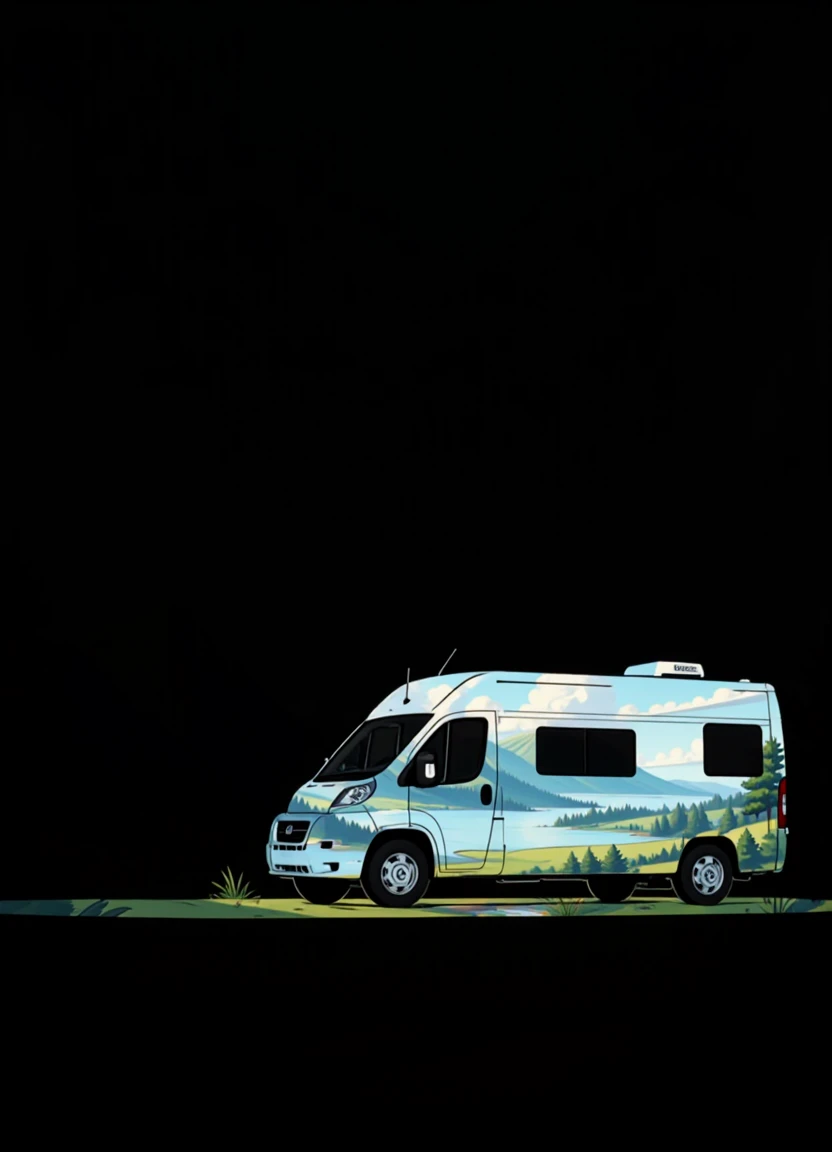 Negative space image showing primary focus a parked camper van and secondary focus a lakeside