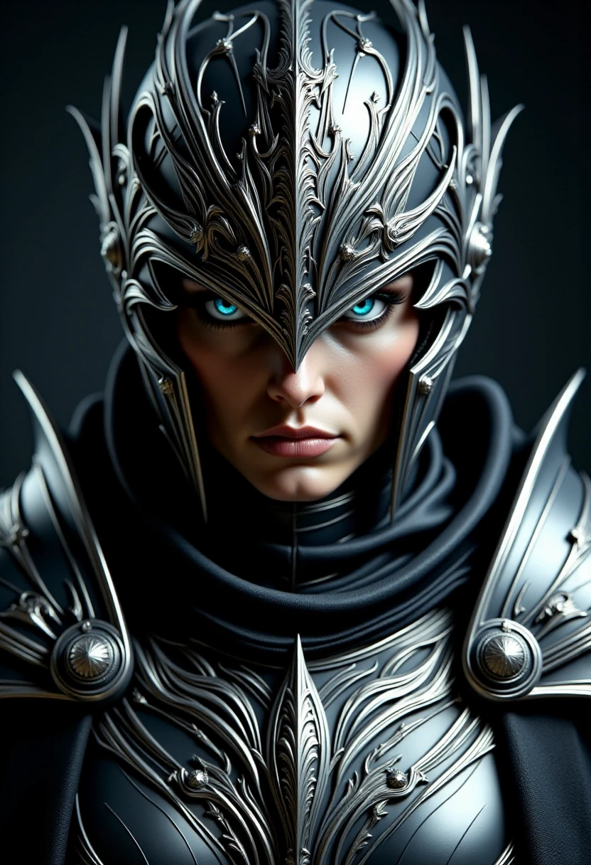 <lora:Dark_Knights_Flux-000001:1> a menacing and fearsome portrait of a male flux_dk, in ornate silver and black armor