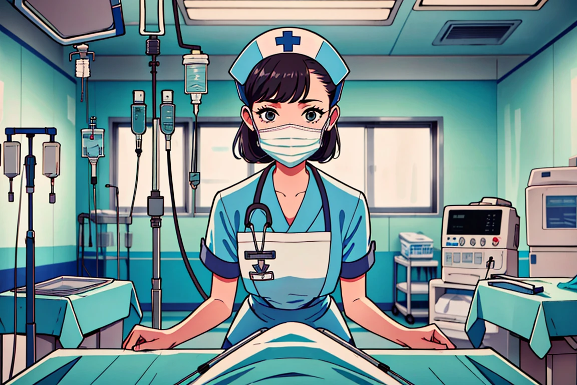 (RAW photo, centered, indoor, best quality),
 <lora:Nurse behind or_V2.0-000004:0.7>  nurse_or_behind_table, indoors, surgical mask, 1girl, looking at viewer, nurse, hospital bed, intravenous drip, stethoscope, nurse cap,solo,