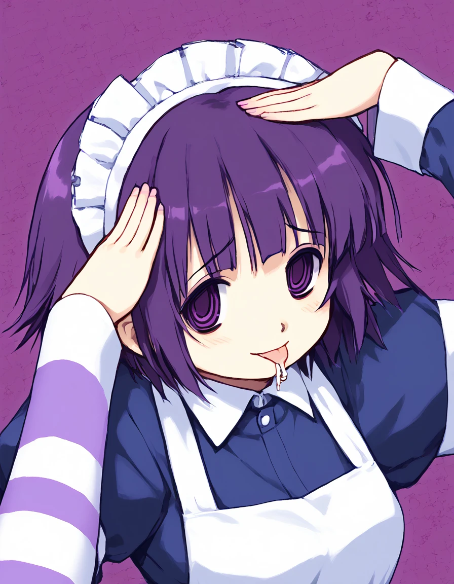 <lora:Character_Yakui_Nijiura_Maids:1> yakuimaid, 1girl, solo, short hair, maid headdress, maid, purple hair, purple eyes, striped thighhighs, drugs, drooling
 <lora:AhEtoBlehMeme_pdxl_Incrs_v1:1> AhEtoBlehMeme, closed eyes, tongue out, :p, hands on own head, smile