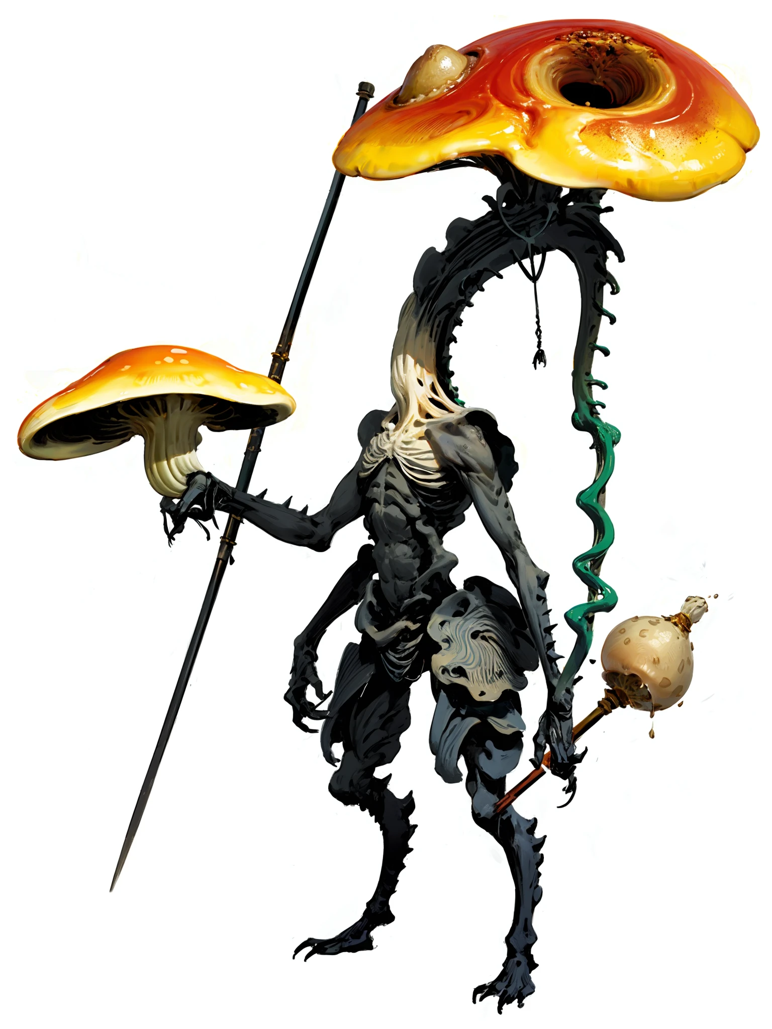 HEZI,game character,2D,Black Myth Goku character,dark style,weapon,white background,solo,simple background,monster,holding,holding weapon,standing,mushroom,full body,no humans,mace,1other,spikes,polearm,fingernails,<lora:é»æç©ºäººç©è®¾è®¡-000011:0.7>,