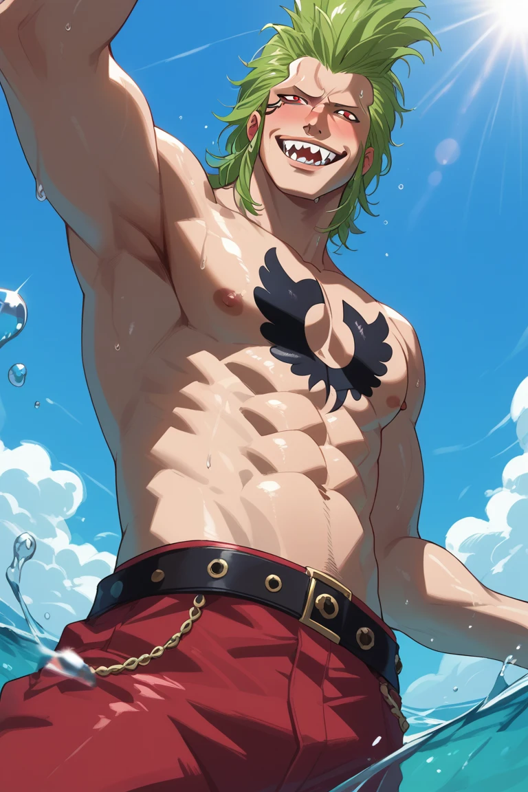 score_9, score_8_up, score_7_up, source_anime, rating_explicit, sunlight, godray, sparkling,1stmale focus, BartolomeoOP, green_Bartolomeo_male hair, red eyes, wide smile, sharp teeth, blushing, topless, black_Bartolomeo_chest tattoo, wet clothes, belt, pants, hands with five fingers, 1stboy, intricately detailed illustration, sweatdrops, water spray, blurry outdoor beach, water, from below, dutch angle