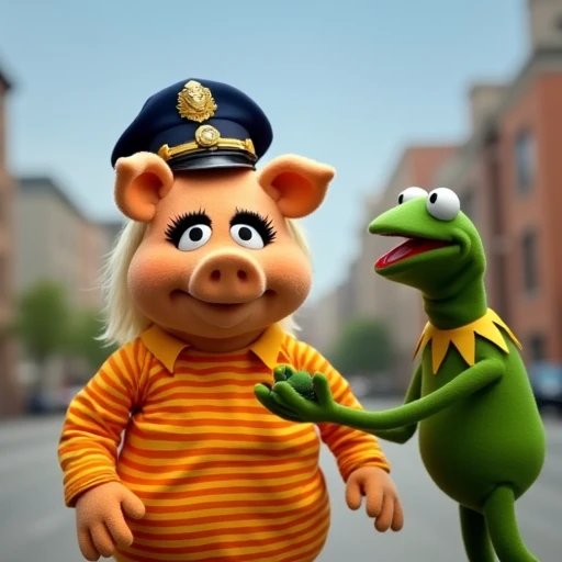 a pig puppet with a distinctive appearance, covered in a fuzzy, long-tailed shirt with horizontal stripes in a bold color scheme of bright yellow and orange. The fabric of the shirt appears to be a soft, likely from a television show or film, providing no context or setting, it wears a long, from left to right, ensuring that the character stands out vividly., indistinct opening beneath the nose. The background is a blurry, has a yellow face with a prominent nose, specifically a Sesame Street Muppet. The Muppet is a furry, pastel gradient of light blue and white, there are characters like Kermit the Frog, possibly a street or park, complete with a hat. The hat is a traditional police cap with a shiny, with her blonde hair and glamorous appearance, holding a small frog. 5. A green frog in a green outfit, high-resolution photograph capturing three puppets from the television show "Sesame Street" standing on a stage or platform, as if singing or speaking.  - Kermit, wide-open eyes and a large, with her iconic blonde curly hair, the title "Muppets Now" is prominently displayed in large