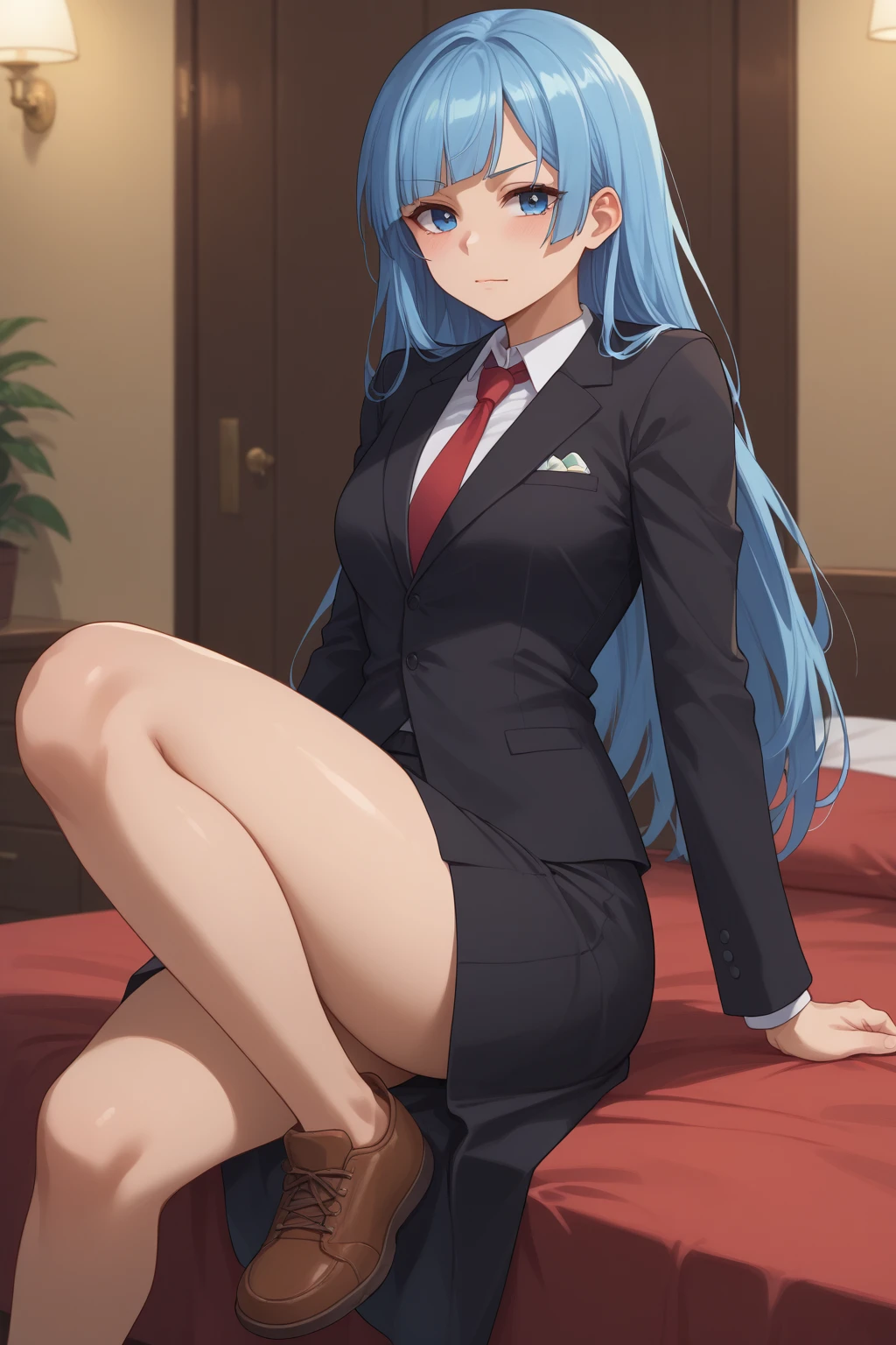 score_9, score_8_up, score_7_up, score_6_up, score_5_up, score_4_up, masterpiece, high quality, BREAK, full body, 1girl,  BREAK,   <lora:Miwa_JJk:0.8> Miwa_JJK, blue hair, necktie, katana, black suit, navy blue eyes, brown shoes, pale skin, asymmetrical bangs, long hair,