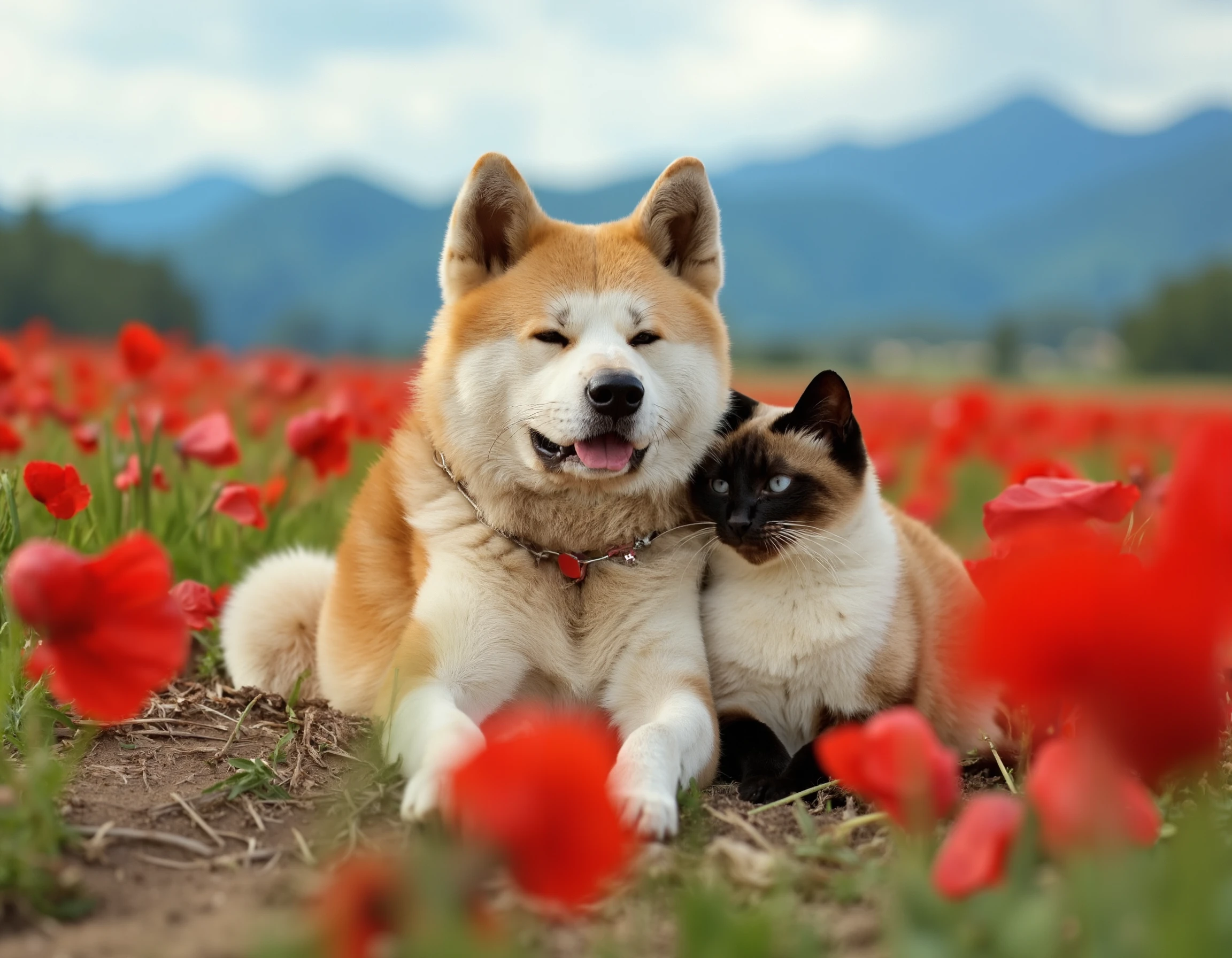 yujin akita inu dog and lizchu siamese cat sitting or relaxing on the ground, in a field of red poppies, the atmosphere is romantic and she has her eyes closed. The photo has depth of field and in the background you can see mountains and the blue sky.