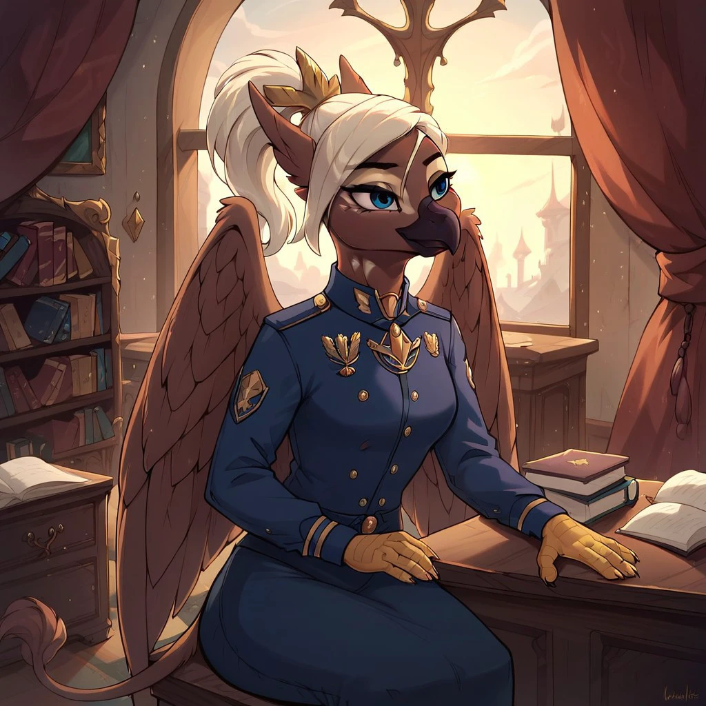 masterpiece, score_9_up, score_8_up, score_7_up, score_6_up, score_5_up, source_furry, ultra-detailed, high resolution, solo, vivienne discret, griffon, avian, anthro, female, slim, eyebrows, blue eyes, beak, light blonde hair, ponytail, brown feathers, feathery ears, yellow claws, wings, tail, dressed, small crown, military uniform, detailed facial features, expressiveh, highly visible, detailed background, black indoors, home, table, sitting, leaning on table, armchair, books, three quarter view, expressiveh, highly visible, sharp focus, anatomically correct, zPDXL3
