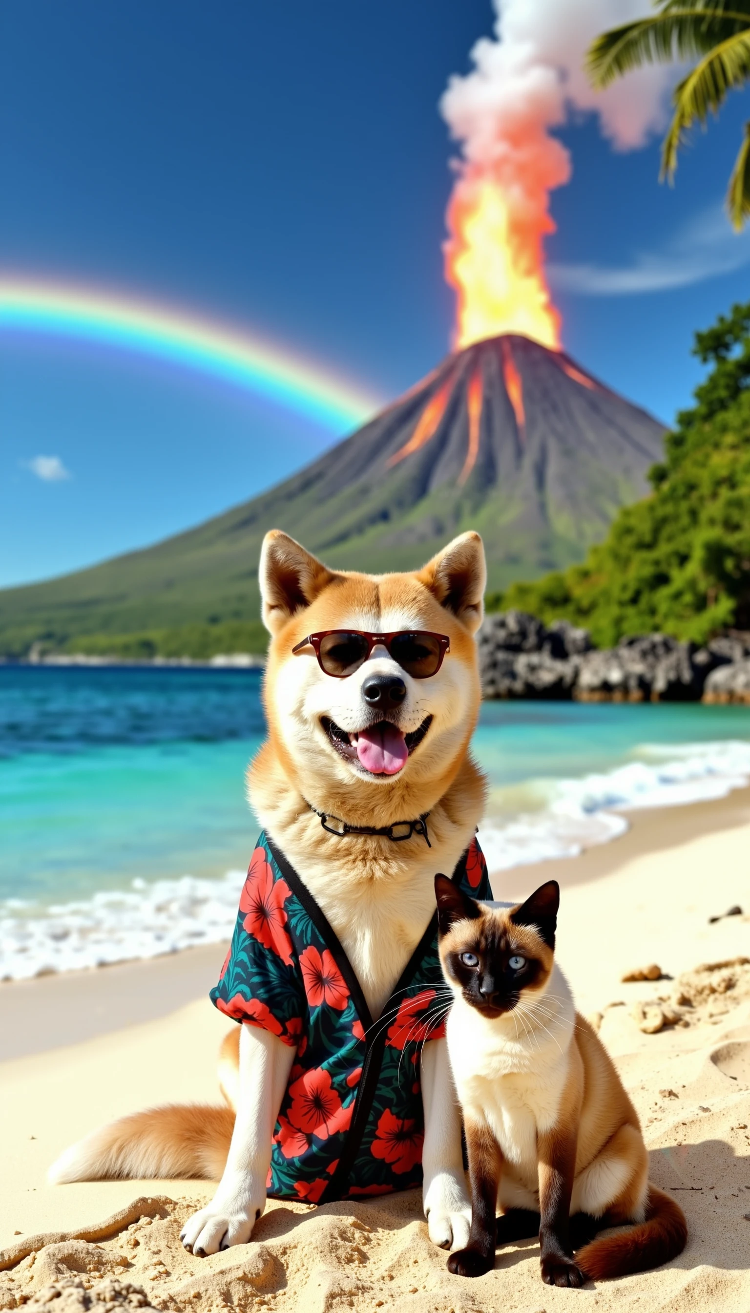 realistic photo of Yujin Akita Inu dog sitting on the Hawaiian beach wearing sunglasses and a flowered shirt relaxing with liz siamese cat while a volcano with lava is erupting in the background and a rainbow, sunny day