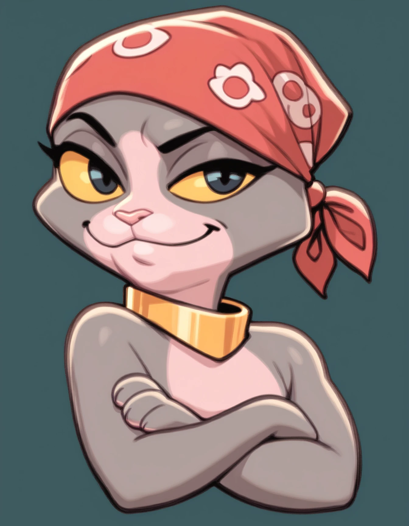 score_9, score_8_up, score_7_up, score_6_up, score_5_up, score_4_up, girl
Cleo, cat, yellow sclera, black eyes, golden collar, gray-pink skin, two tone fur, red bandana, cowboy shot, looking at viewer, smirk, crossed arms
 <lora:Cleo_XL:0.9>
 <lora:RicardosBandana_XLPD:1>