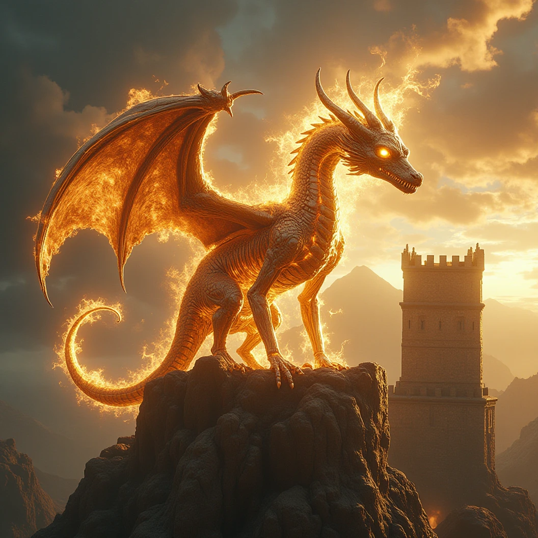 goldenflame,a bone (dragon:1.2) (flying:1.1) over a castle,