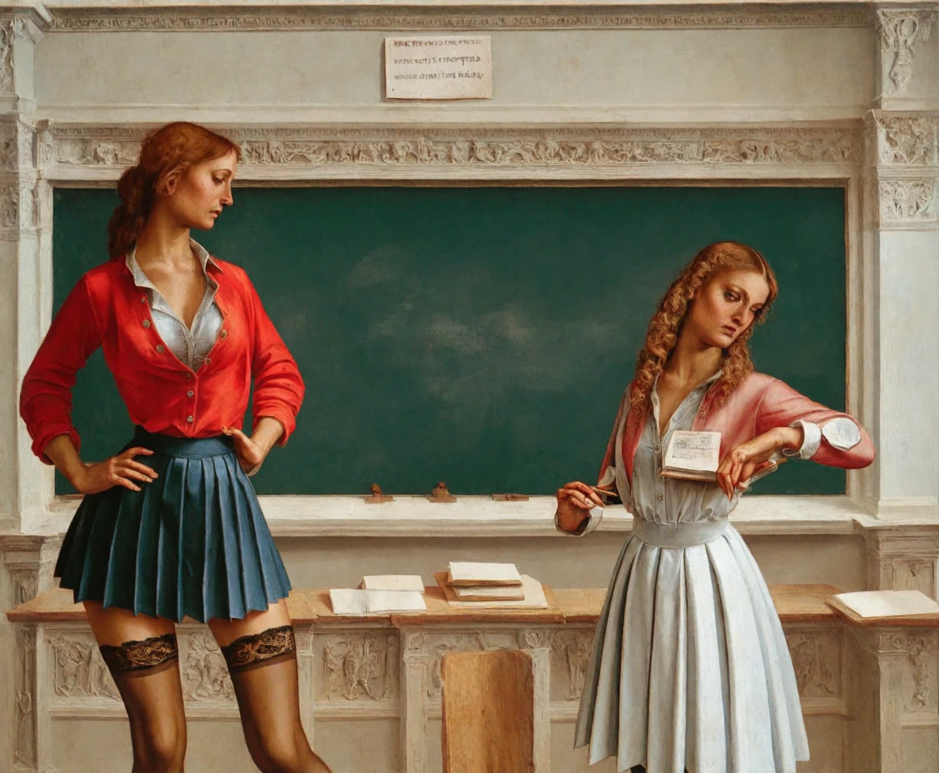 <lora:luca-signorelli_pony_v1:1> ' teacher ' by signorelliluca in 1492,high renaissance \(style\) portrait \(genre\) famous-people,  Standing before the blackboard, the new teacher at school commands attention. Her attire, a crisp unbuttoned satin blouse paired with a pleated skirt, is accented by the subtle allure of (laced stockings), adding a touch of fragile femininity to her slender authoritative presence in the classroom. She is revealing her perky protuberant femininity, exposing long narrow calves, (narrow waist), and her gently protuberant skinny curves with fragile, yet authoritative and distinguished femininity., score_9, score_6_up, score_7_up