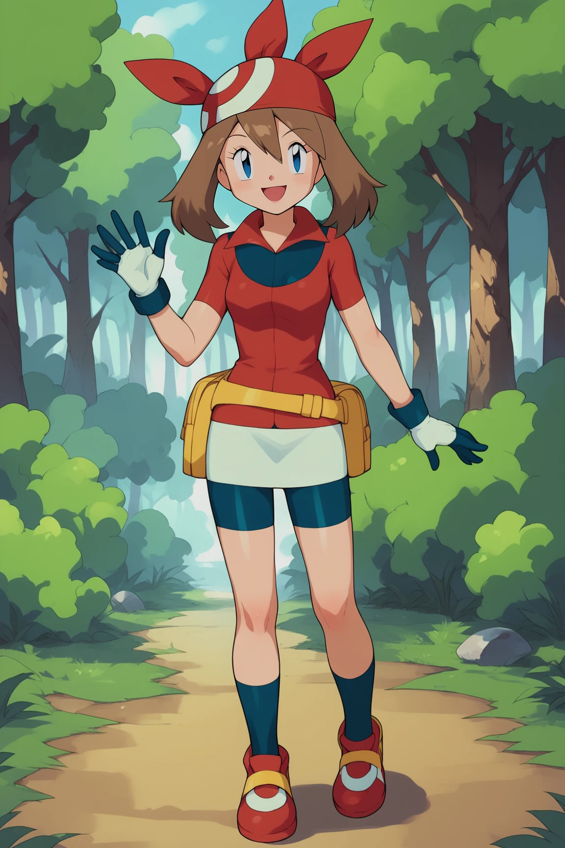 score_9, score_8_up, score_7_up, score_6_up, BREAK, MayPXL, blue eyes, brown hair, short hair, hair between eyes, red bandana, small breasts, red shirt, short sleeves, gloves, white skirt, blue shorts, blue socks, red shoes, solo, full body, standing, waving, seductive smile, looking at viewer, forest <lora:MayPXL:1>