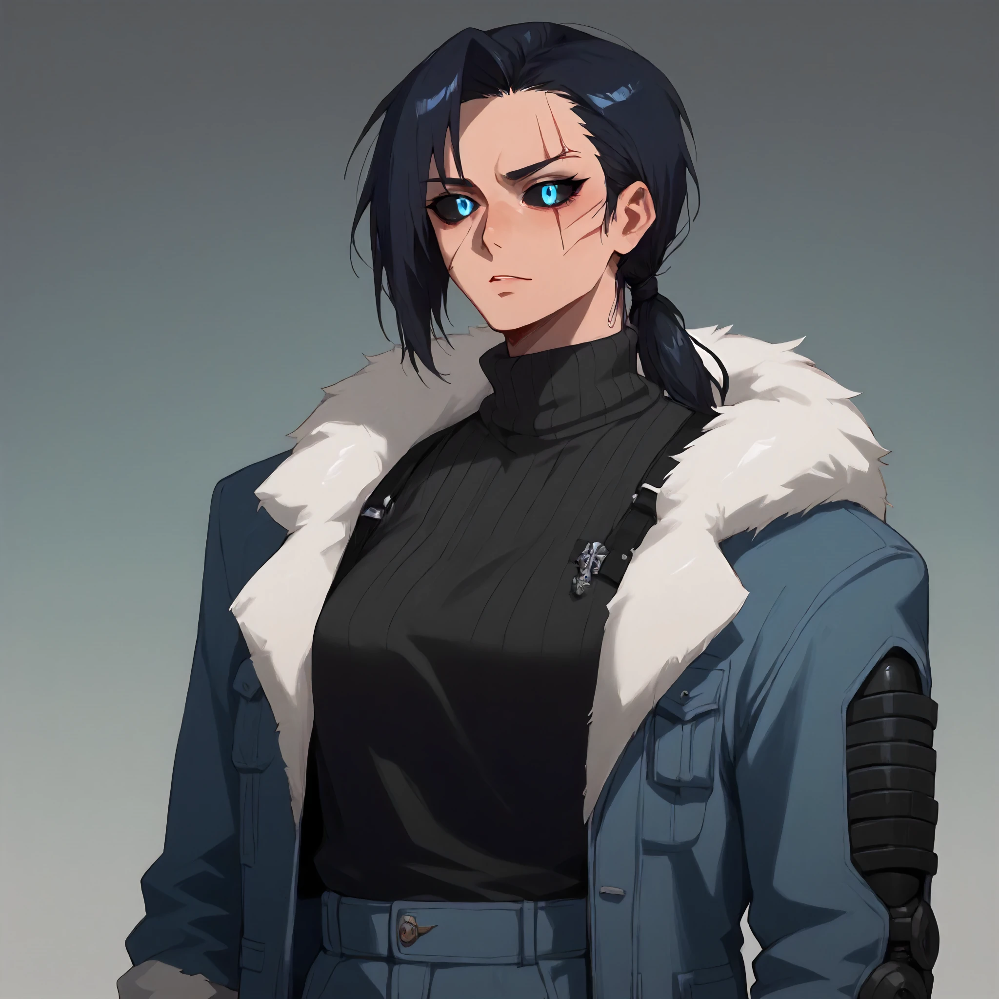 <lora:Art Style Limbus Story Art (Vellmori):1> l1mbu5v3ll,      <lora:CoE Celia Stone:1> coecelia, single cybernetic arm, eyebrow scar, glowing blue eyes, black sclera, athletic build, low ponytail, fur lined bomber jacket, turtleneck, score_9, score_8_up, score_7_up, score_6_up, score_5_up, score_4_up, masterpiece, detailxl. BREAK