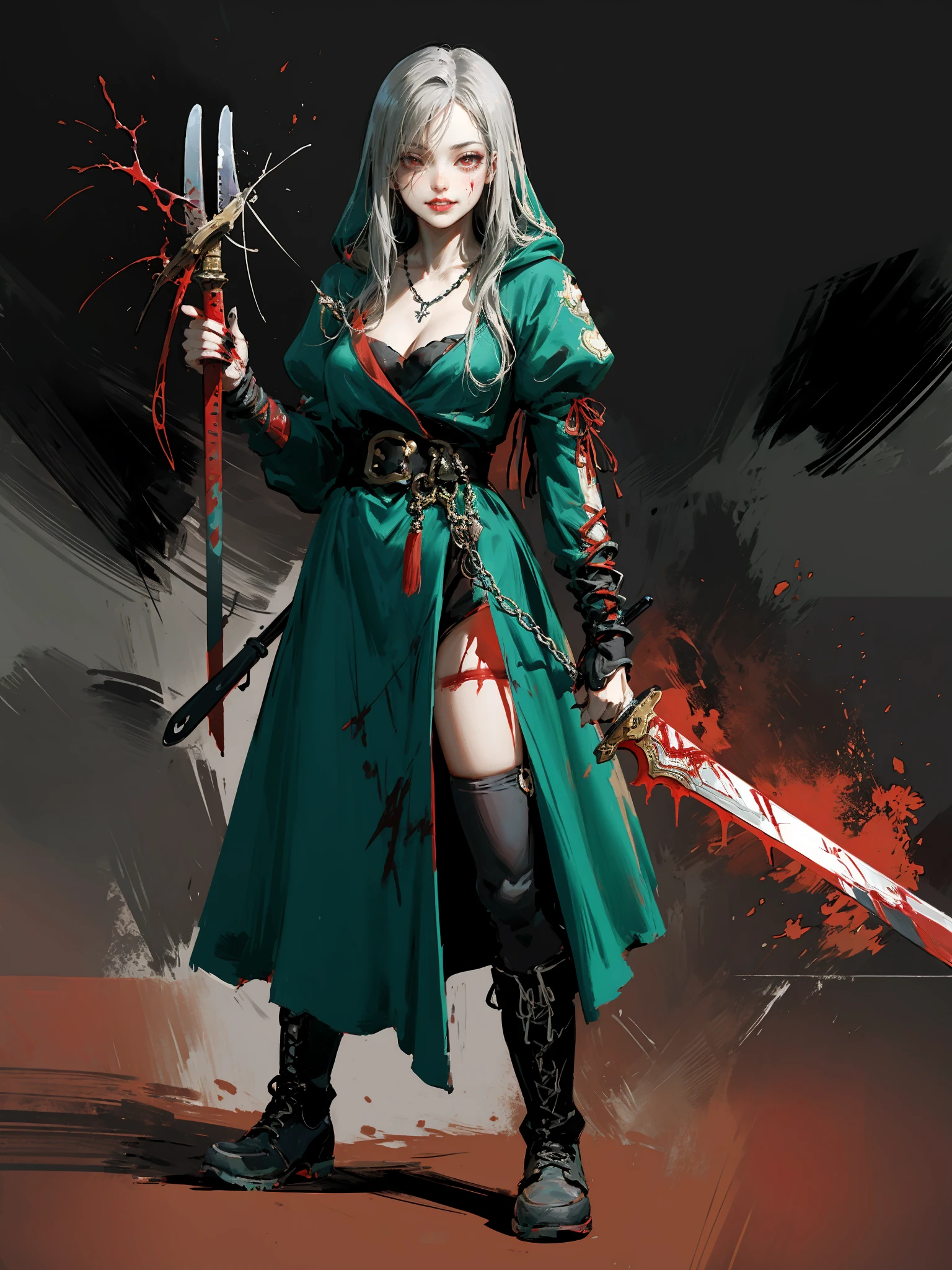 HEZI,European and American cartoon character design,tension,game style,game character,1girl,solo,weapon,thighhighs,blood,holding,red eyes,glowing,holding weapon,habit,puffy sleeves,nun,cross,dress,full body,tattoo,long sleeves,breasts,hood,hair over one eye,white hair,black thighhighs,standing,belt,black footwear,glowing eye,black dress,parted lips,red lips,juliet sleeves,knife,looking at viewer,glowing eyes,gradient,medium hair,blood on hands,boots,grey hair,gradient background,hood up,red background,blood on weapon,sword,cleavage,necklace,cross necklace,dagger,fingernails,jewelry,smile,teeth,holding knife,small breasts,lipstick,simple background,medium breasts,clothing cutout,long hair,cleavage cutout,holding sword,hand tattoo,makeup,black nails,legs apart,bangs,reverse grip,holding dagger,<lora:é»æç©ºäººç©è®¾è®¡-000011:0.7>,