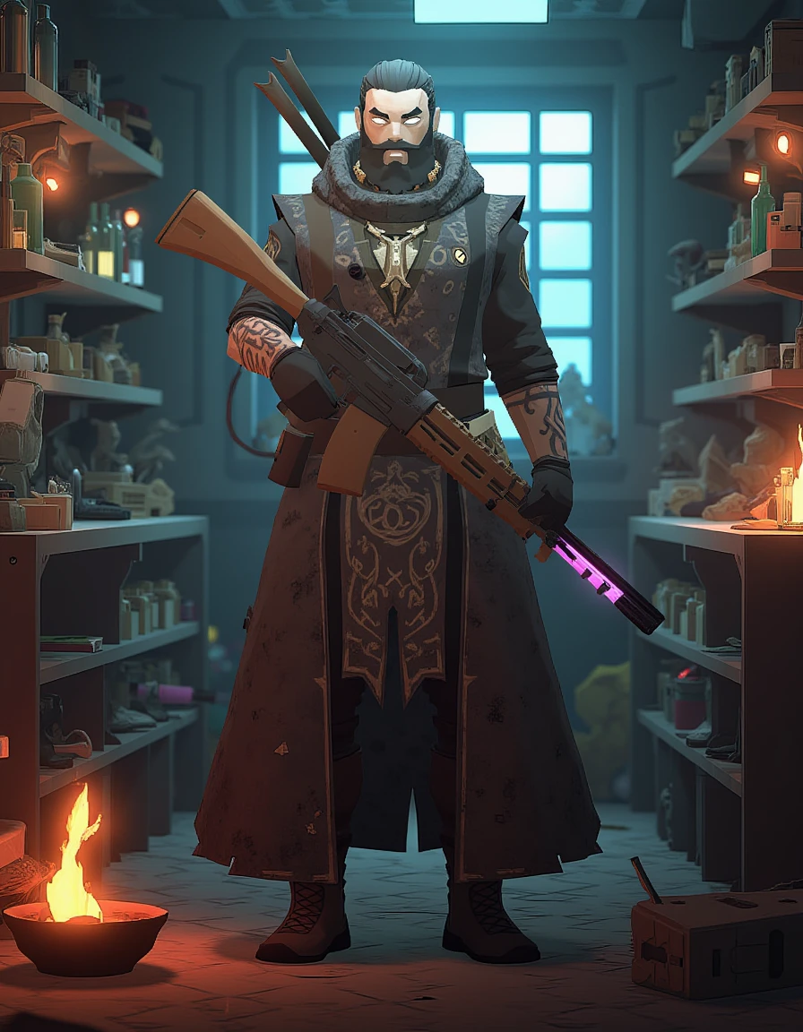 low poly, tacwiz style, A bearded tactical combat wizard stands in the middle of a cluttered room, his battle-worn clothes adorned with glowing runes that pulse faintly with magical energy. His sharp eyes scan the chaotic space, filled with various magical and alchemical itemsâscattered potion bottles, ancient tomes, glowing crystals, and strange contraptions. The room is dimly lit, with the light flickering off shelves crowded with arcane artifacts. His wooden assault rifle with a glow tip, gripped firmly in one hand, hums with power, while his long beard sways slightly with the ambient energy surrounding him. The air is thick with the smell of herbs and alchemical smoke, enhancing the mystic atmosphere. <lora:Tactical_Breach_Wizards_style:1>