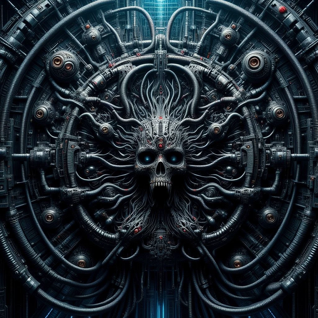 This image is a highly detailed, CGI-rendered artwork featuring a futuristic, abstract, and intricate design. The central focus is an eldritch abomination that resembles a complex, biomechanical entity. The artwork is rendered in a dark, metallic, and industrial color palette with shades of blue and silver, giving it a high-tech, futuristic aesthetic.