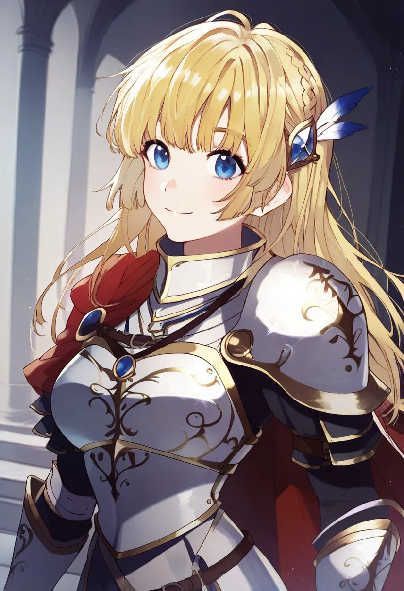 score_9,score_8_up,score_7_up, angelica_963,angelica_knight, 1girl, solo, long hair, blue eyes, bangs, blonde hair, braid, breasts, hair ornament, armor, shoulder armor, cape, pauldrons, gauntlets, knight,glove, smile, upper body,