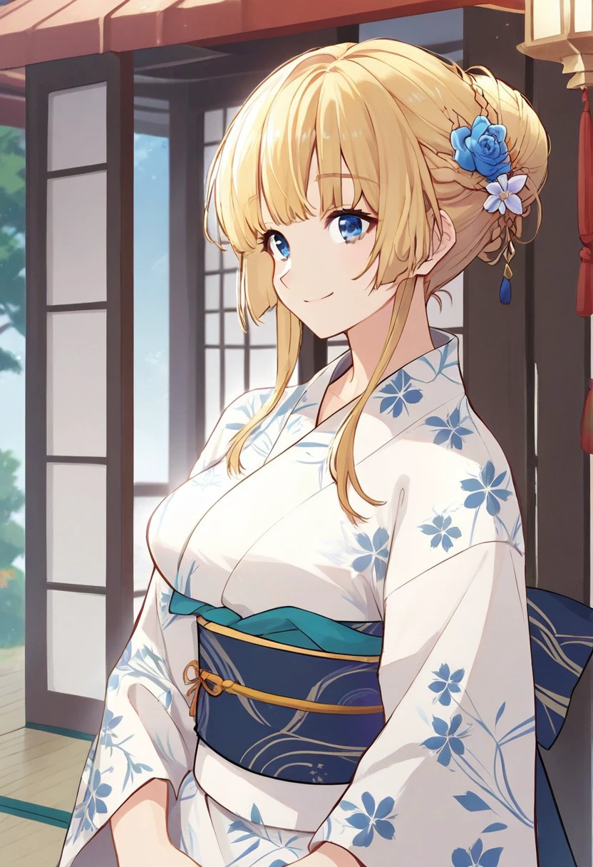 score_9,score_8_up,score_7_up, 
angelica_963, angelica_kimono,  1girl, solo, blue eyes, blonde hair, breasts, japanese clothes, kimono, sash, obi, sidelocks, hair ornament, hair flower, wide sleeves, yukata, flower, long sleeves, hair bun, braid, single hair bun, floral print, upper body, smile,