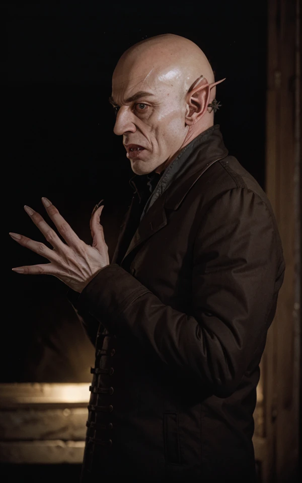 photorealism, High-resolution Photorealistic Image of dark background, profile, <lora:Count_Orlok_Nosferatu:0.8> h3rrz0g0rl0k male, bald, long fingernails, coat, long sleeves, pointy ears, horror theme, bokeh, LDSR, Depth of Field, OverallDetail, intricate details, high resolution,