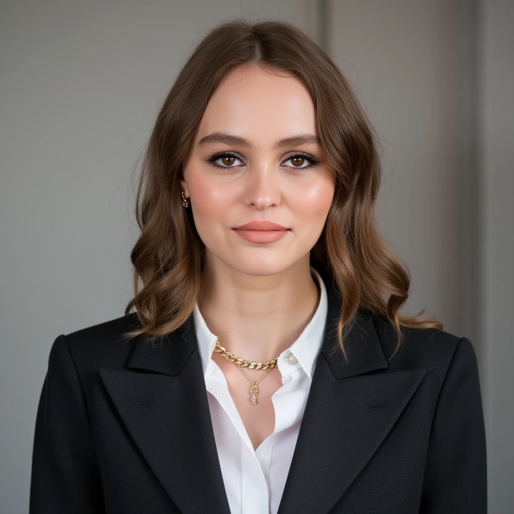 High quality passport photo of a woman wearing a suit and tie looking directly at the camera with her mouth closed and a neutral expression. She is also wearing a delicate gold chain and some understated diamond earrings. , <lora:Lilly_Rose_Depp_FLUX_v1-000040:1>