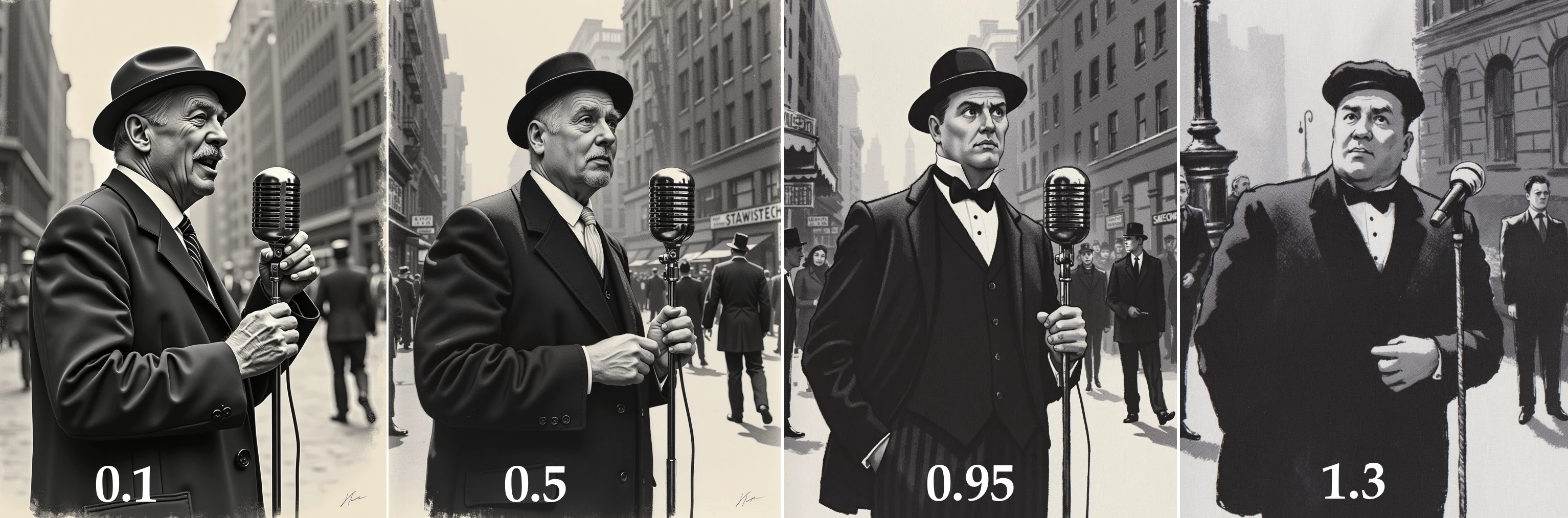 vintage charcoal drawing of a 1920s older male singer holding microphone. New York street at the background